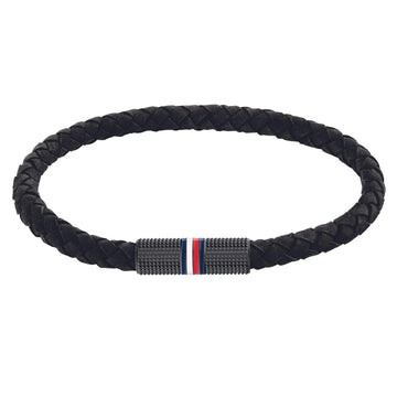 Ανδρικό βραχιόλι Tommy Hilfiger δερμάτινο σε μαύρο χρώμα με πλεκτό σχέδιο.